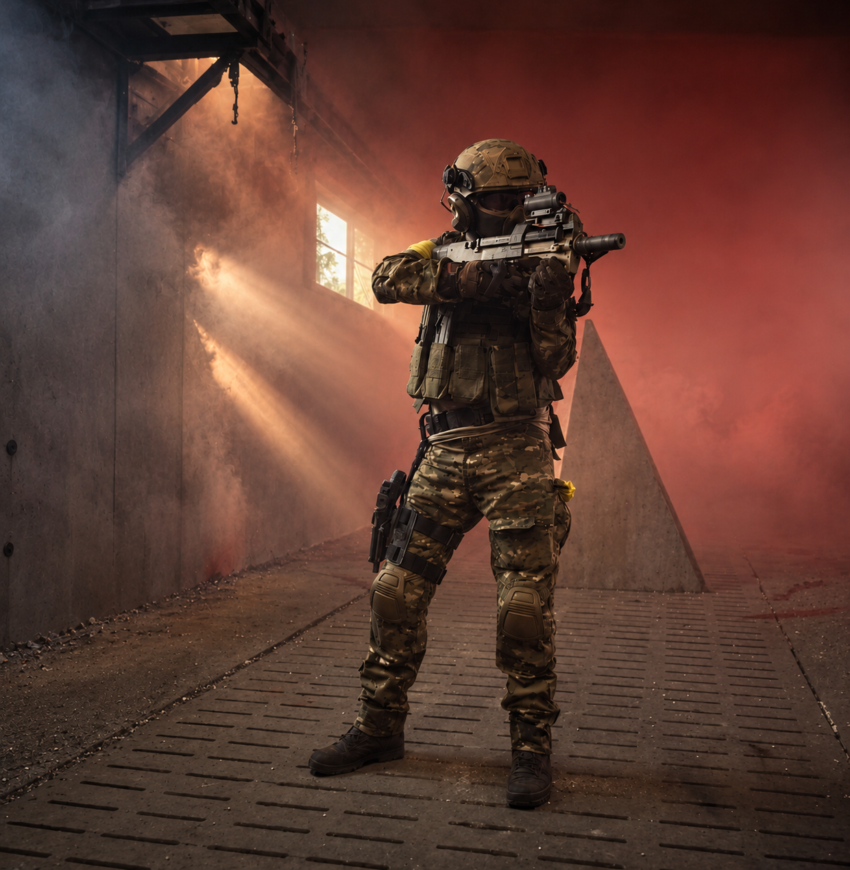 Soldat im Nebel und dramatischem Einsatzlicht